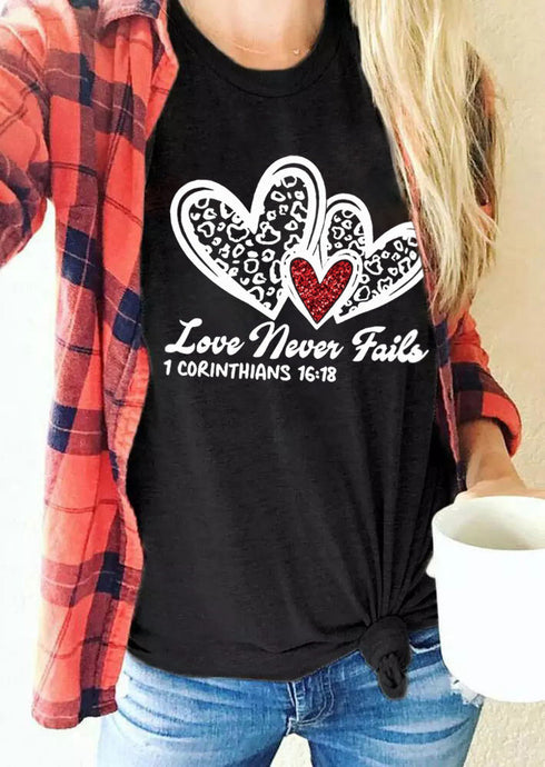 Black Love Never Fails Leopard Sequin Heart Graphic Valentines Tee